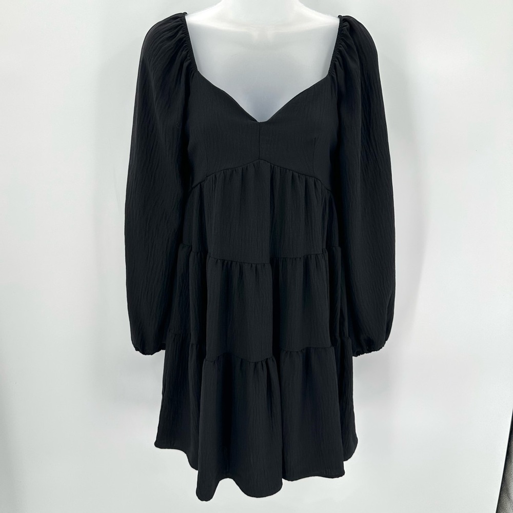 Altar’d State Dress Women’s XS Black Tiered Mini Balloon Sleeves Flared Tie Back